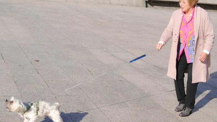 Una mujer con su perro, en la plaza de Les Campes de la Pola.