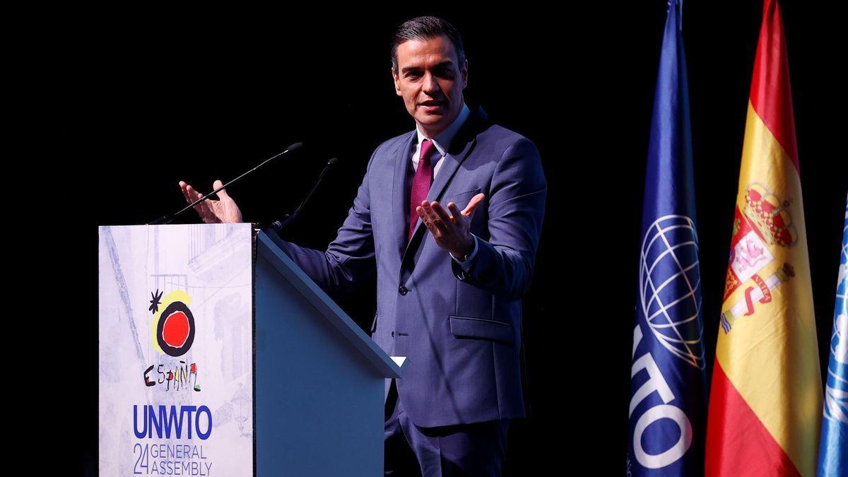 El presidente del Gobierno, Pedro Sánchez, interviene en la 24ª Asamblea General de la Organización Mundial del Turismo, este jueves, en Madrid.