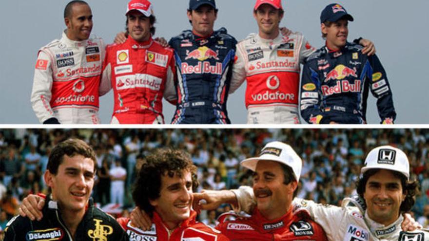 Arriba, Hamilton, Alonso, Webber, Button y Vettel, ayer, en el circuito surcam. Abajo, Senna, Prost, Mansell y Piquet, en 1986 en Estoril.