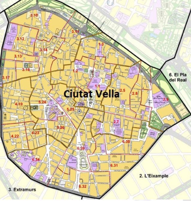 Plano del centro de València y el control de cámaras