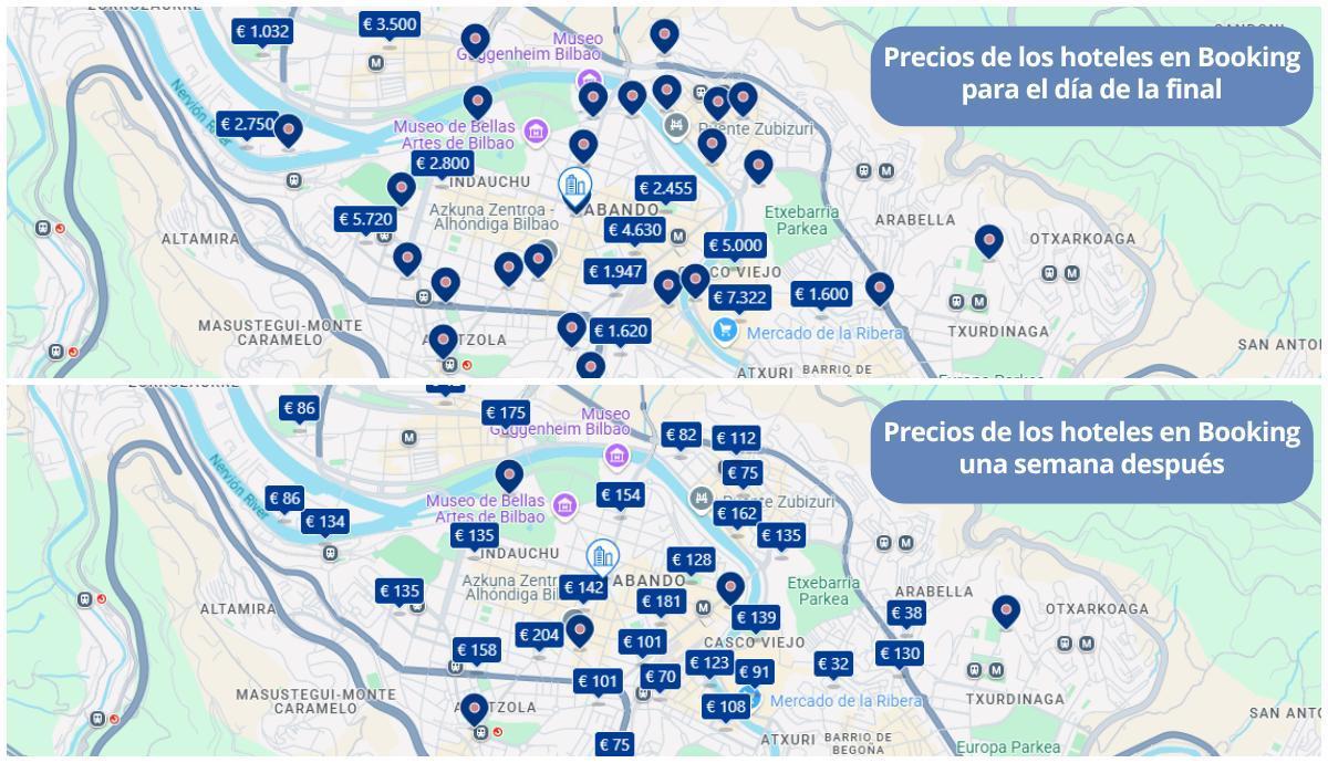 Mapas de los precios de hoteles en Booking para el día de la final y para una semana después.