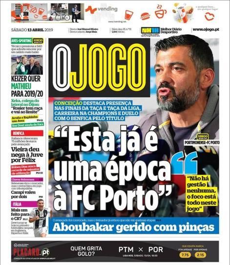 Portada O JOGO sábado 13 de abril de 2019.