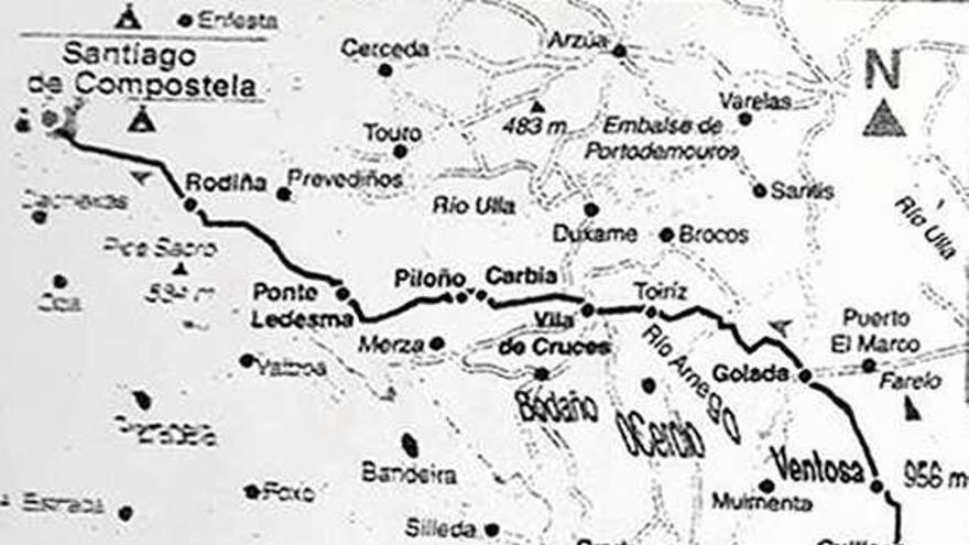 Mapa con la ruta alternativa que entra en Cruces desde Agolada.