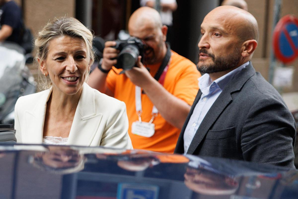 La vicepresidenta segunda del Gobierno, Yolanda Díaz, tras anunciar este lunes su renuncia como coordinadora de Sumar.