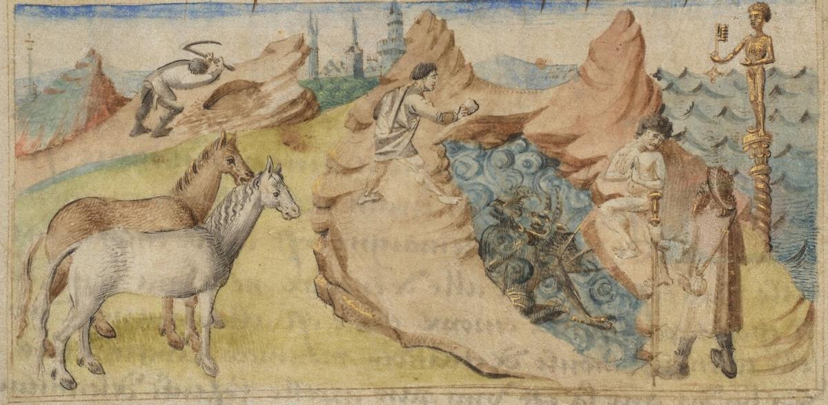 A dalt a l’esquerra, la Muntanya de Sal i el Castell de Cardona en la il·lustració de l’exemplar de 1460