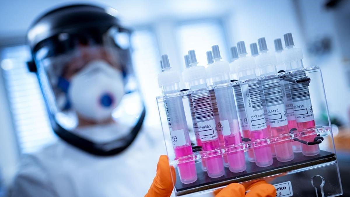 Un trabajador de un laboratorio muestra recipientes con pruebas usadas para buscar la vacuna contra el coronavirus, el 1 de abril del 2020