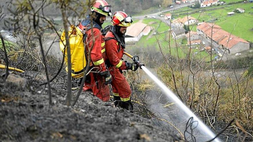 Bombers remullant una zona cremada a Cantàbria