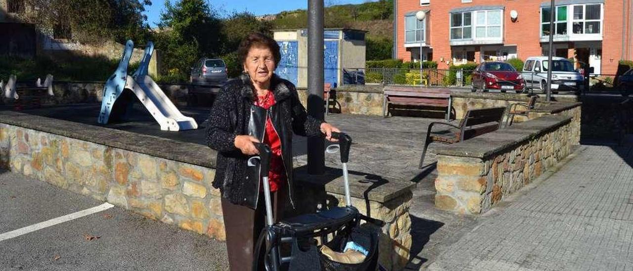 Carmen Álvarez Monteserín, ayer con su carrito, paseando por el barrio de El Manso.