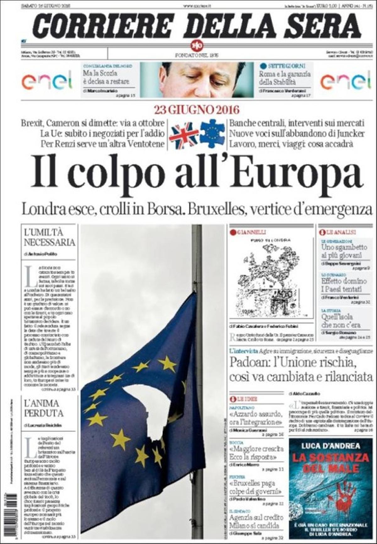 La portada de ’Il Corriere della Sera’.