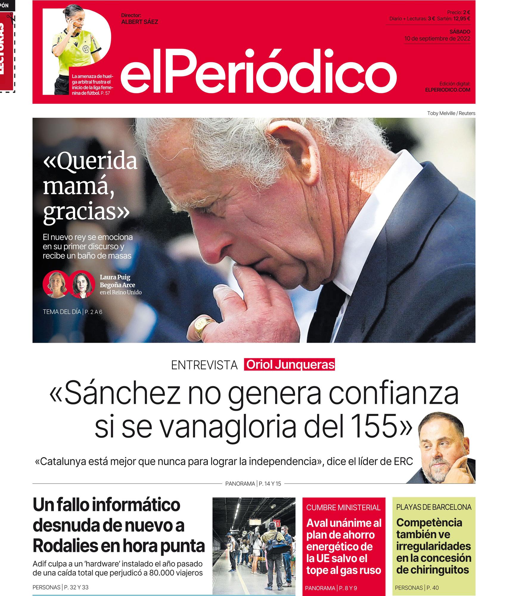 La portada de EL PERIÓDICO del 10 de septiembre de 2022