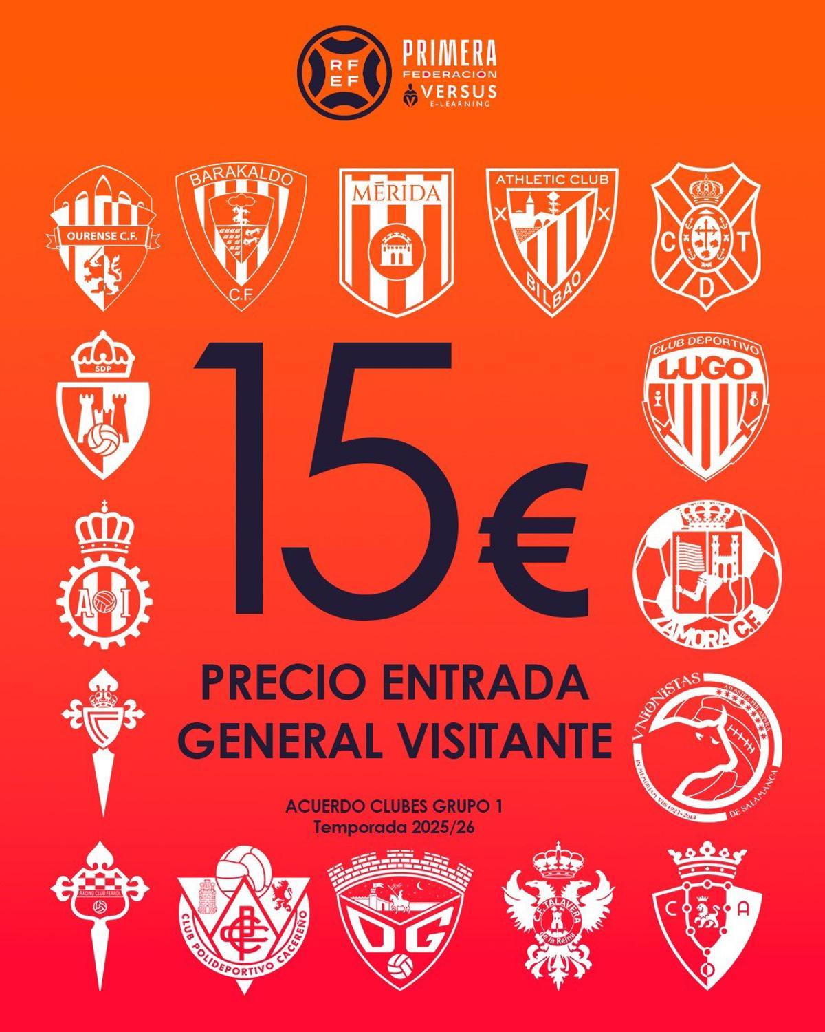 Los 16 equipos de Primera RFEF que lograron pactar un precio en las entradas para las aficiones visitantes en el grupo 1.