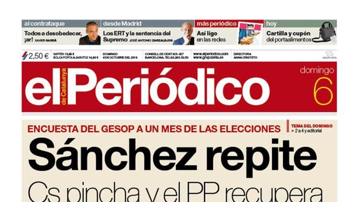 La portada de EL PERIÓDICO del 6 de octubre del 2019