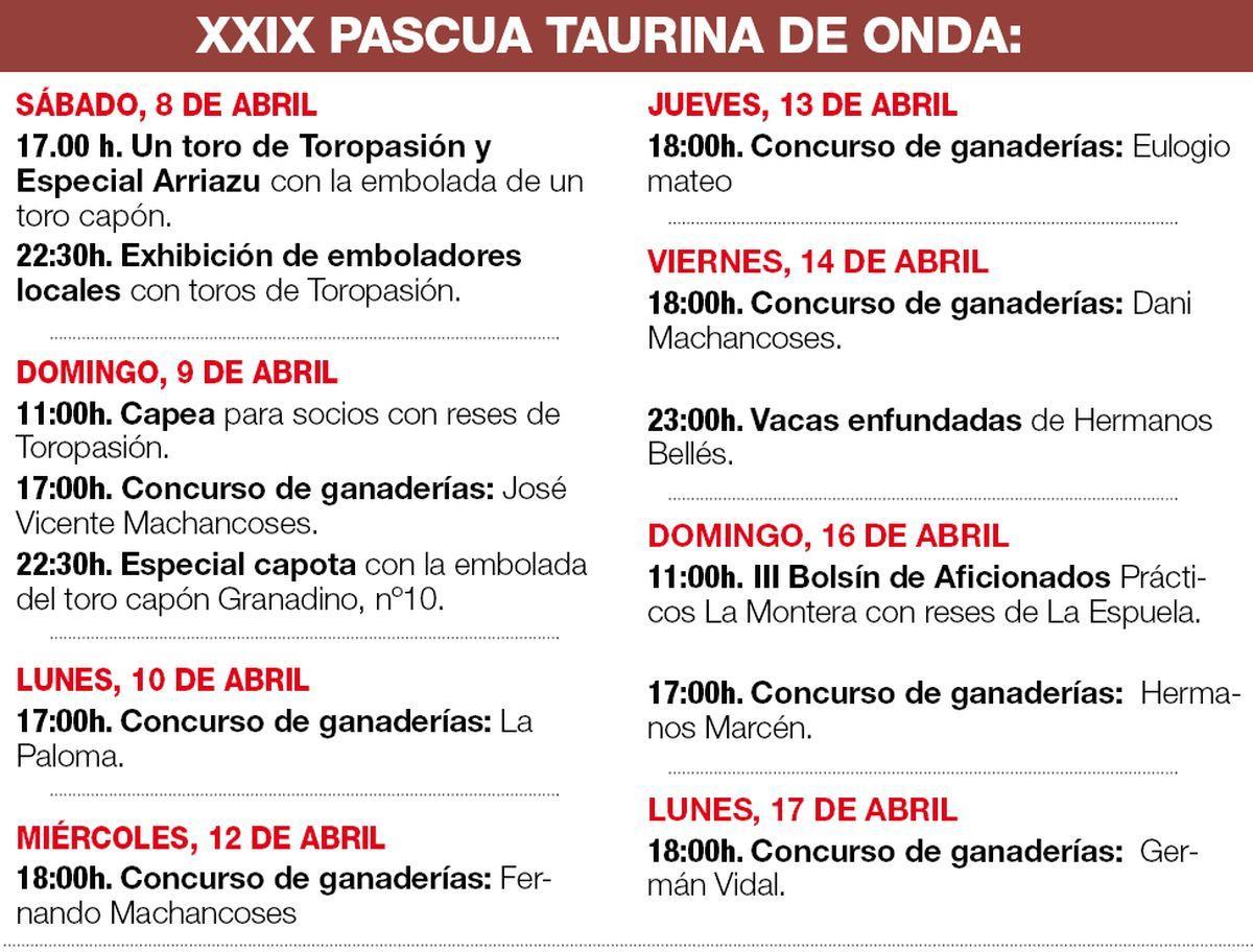 Programación de la Pascua Taurina de Onda 2023.