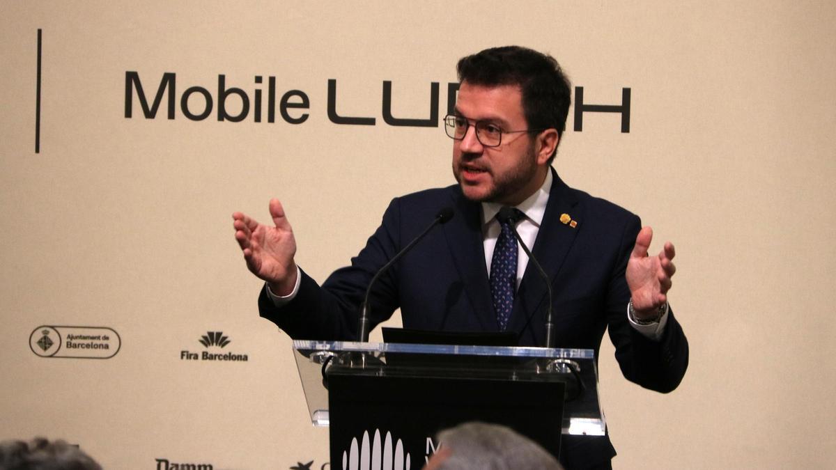 El president Aragonès interviene en el Mobile Lunch, previo al MWC 2024