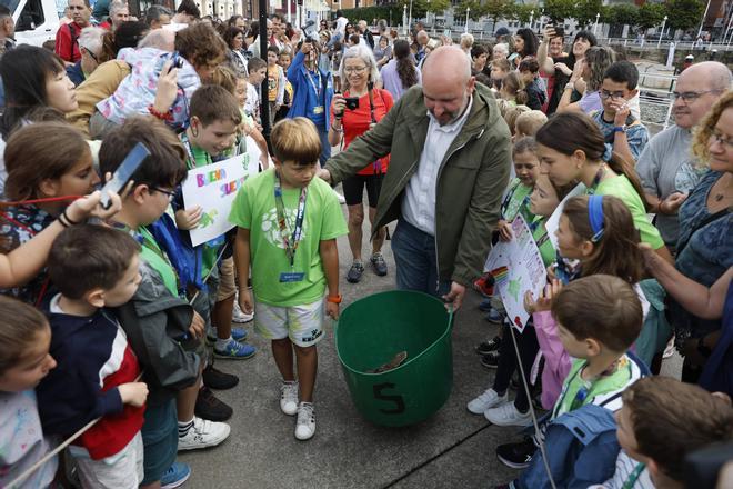 La suelta de dos tortugas bobas en Gijón, en imágenes