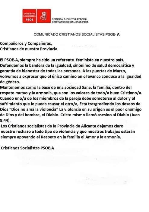 Comunicado de Cristianos Socialistas del PSOE de Alicante