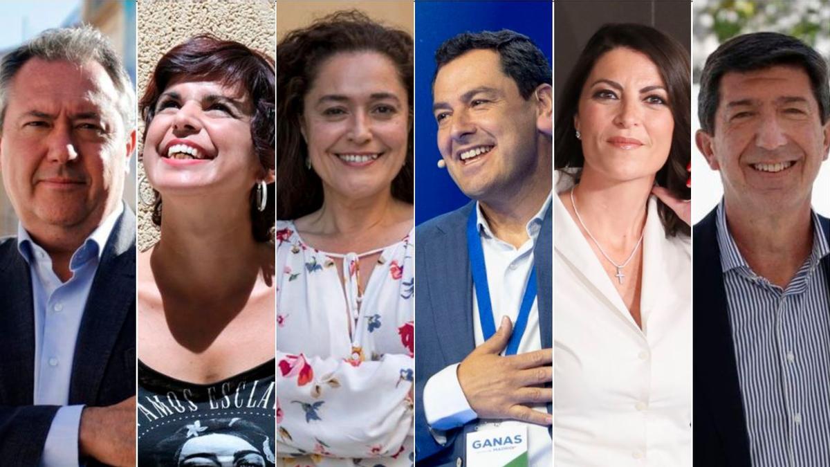 Los candidatos que han vuelto a medirse este lunes en el segundo debate de las autónomicas del 19-J organizado por Canal Sur: Juan Espadas, Teresa Rodríguez, Inmaculada Nieto, Juanma Moreno, Macarena Olona y Juan Marín