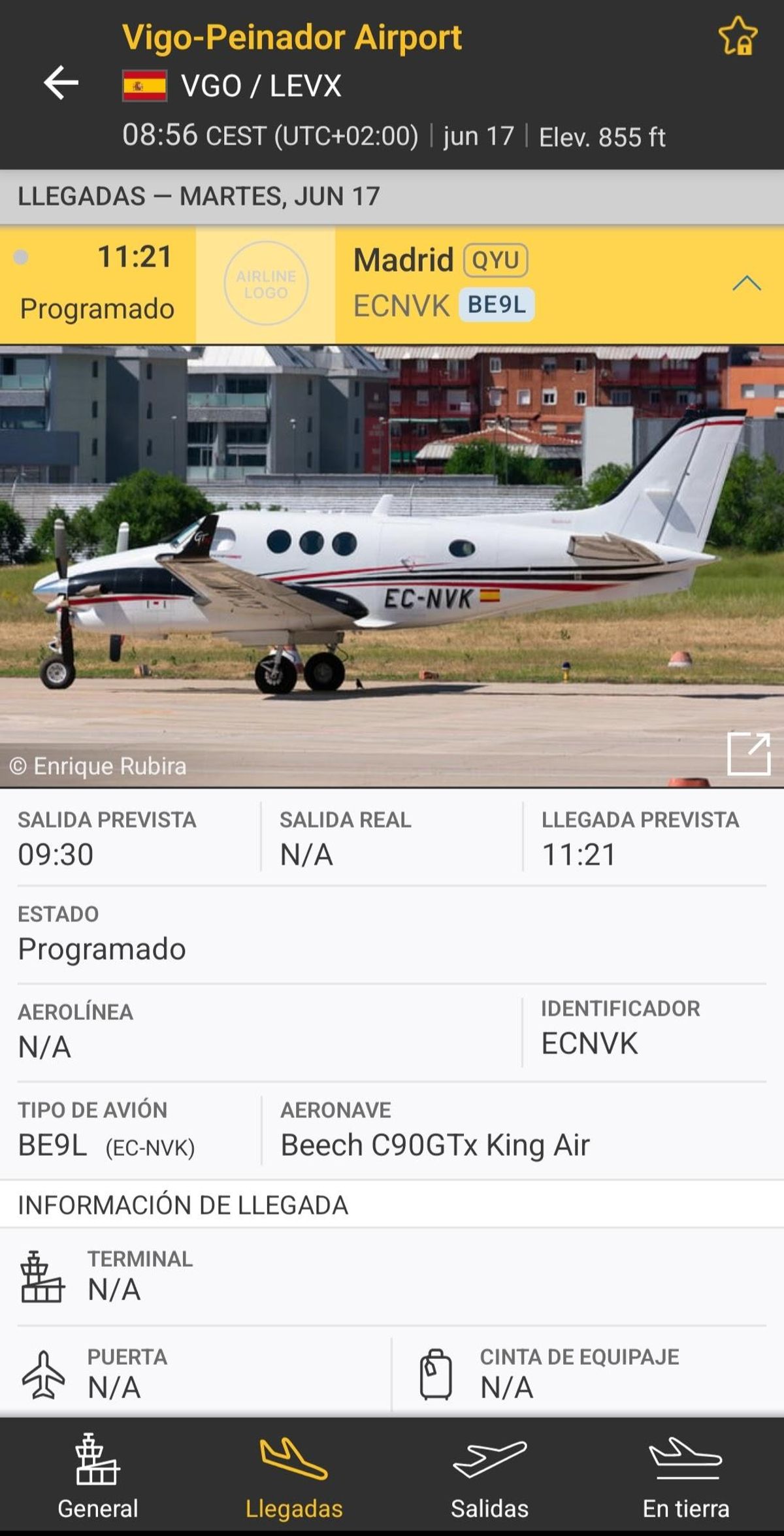 Único avión que está previsto que opere hoy en Vigo durante la activación de la torre de control remota.