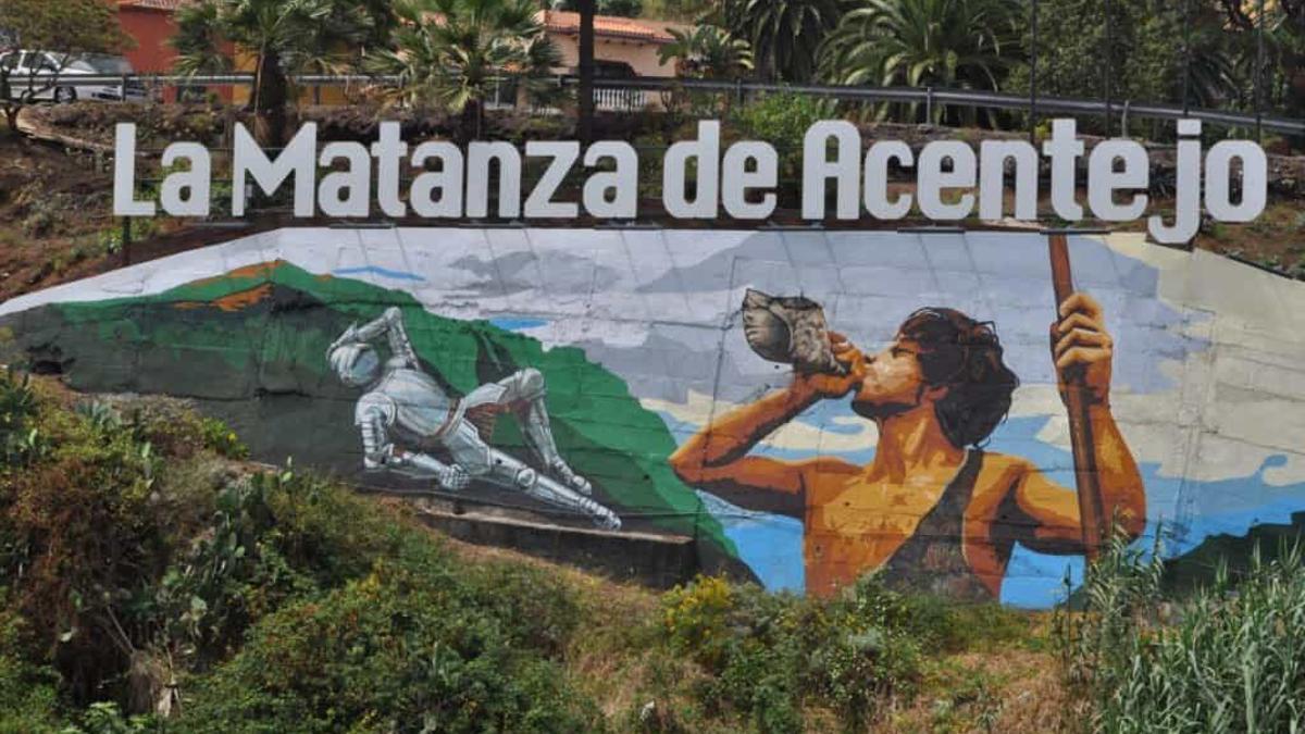 Mural sobre la batalla de Acentejo en el acceso a La Matanza.