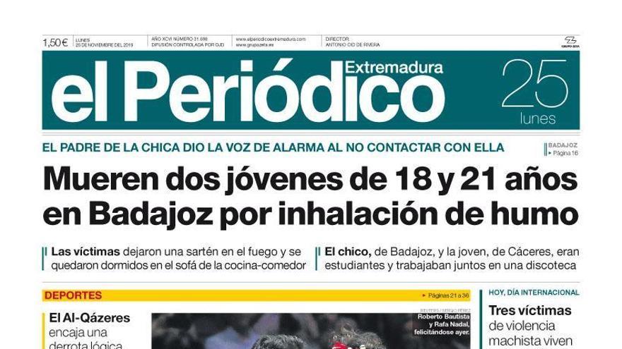 Esta es la portada de EL PERIÓDICO EXTREMADURA correspondiente al día 25 de noviembre del 2019