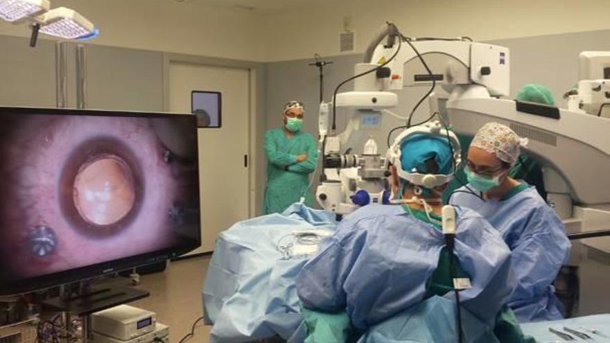 Especialistas en Oftalmología durante una de las sesiones de cirugía en 3D que ayer realizaron en el Hospital General de Elche.