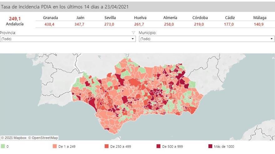 Mapa de Andalucía con nivel de incidencia de Covid-19 por municipios a 23 de abril de 2021