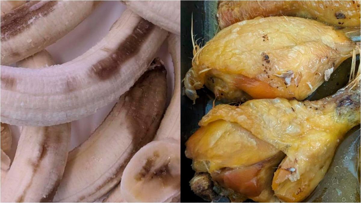 Plátanos en mal estado, servidos como postre, y oollo cocinado con plumas. Comedores escolares Moaña. Enero 2024. Federación de Anpas