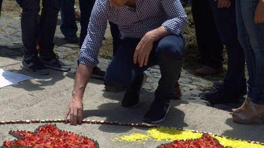 En la fotografia, el candidato a la presidencia del Gobierno, el socialista Pedro Sánchez, coloca una coca en la alfombra de Ponteareas en La Orotava, durante su estacia en Tenerife. // FdV