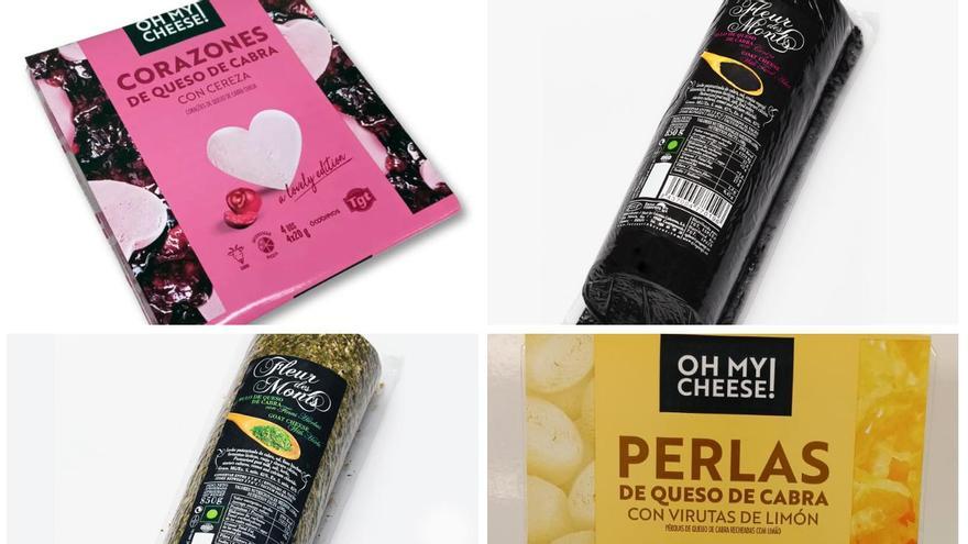 Los cuatro productos de Lácteas Cobreros premiados en los Global Cheese Awards: rulo de queso con ceniza, corazones de cereza, rulo con finas hierbas y perlas de limón.