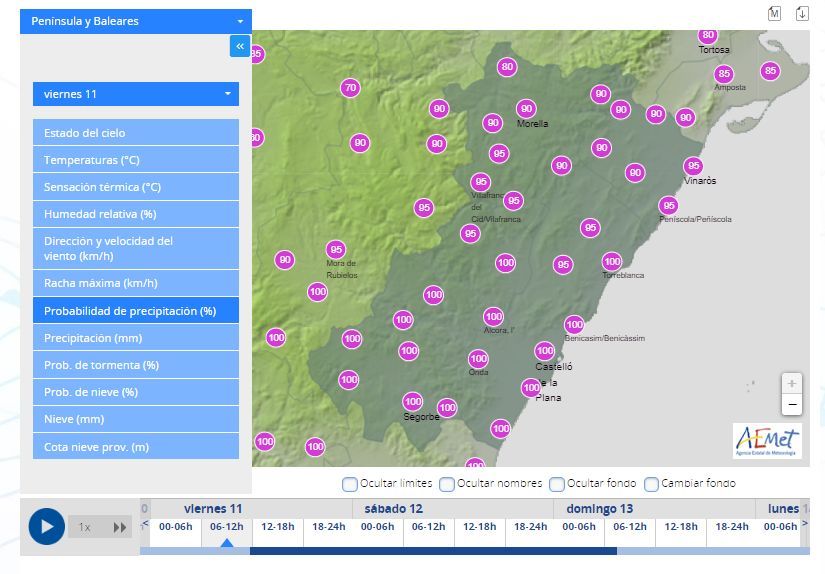 Probabilidad de lluvia en Castellón entre las 6.00 y las 12.00 horas.