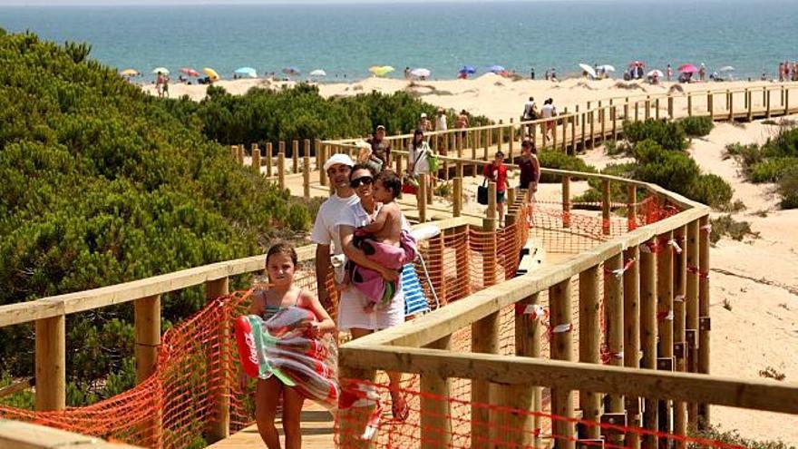 Una vista de la playa de Arenales del Sol desde la pasarela de madera que surca por la zona de dunas evitando que la arena sea pisada por los bañistas