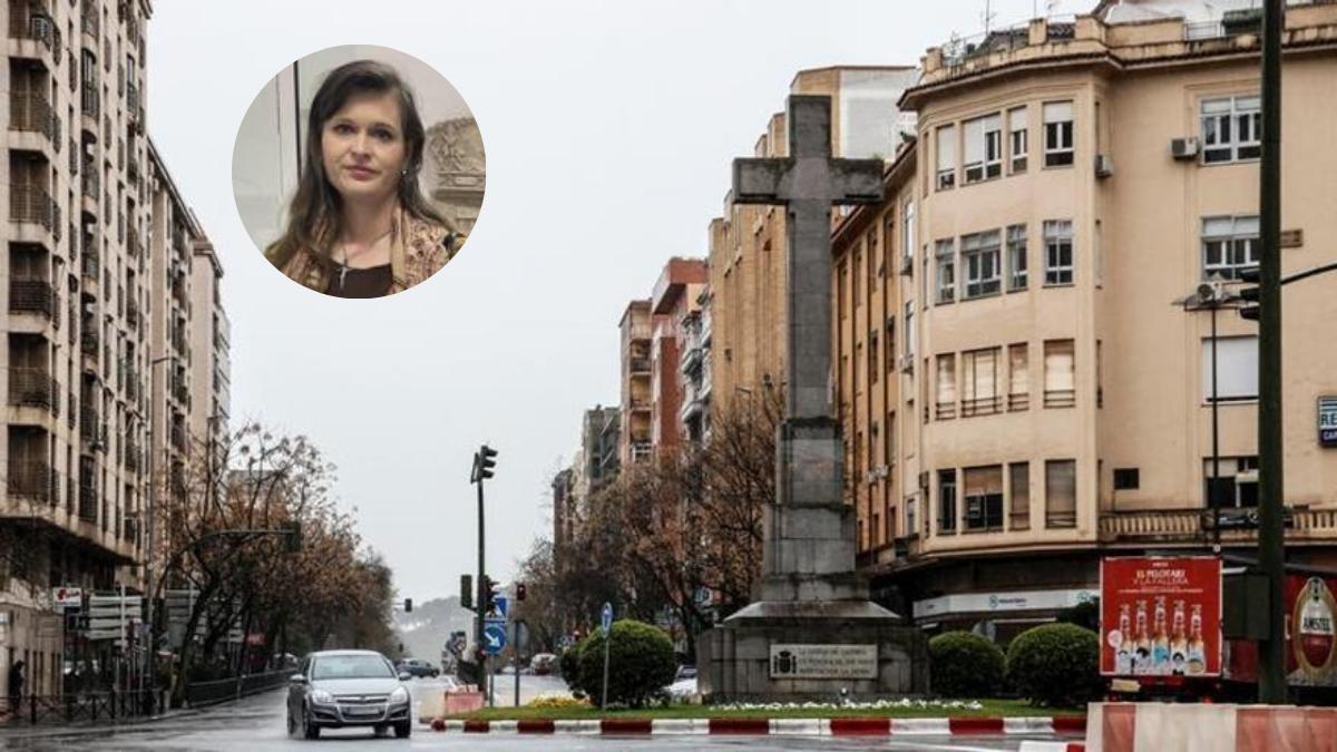 Imagen de la Cruz de los Caídos de Cáceres. En el círculo, María Isabel González.