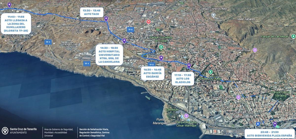 Mapa en el que se muestra el recorrido de la Virgen de Candelaria