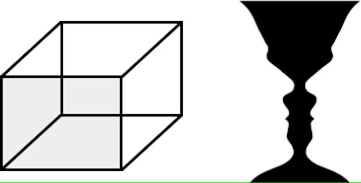 El cubo de Necker (izquierda) y el jarrón de Rubin (derecha). Cada uno tiene dos interpretaciones. ¿La cara sombreada del cubo está en la parte posterior o en la frontal? ¿Y se ven dos personas mirándose entre sí o un jarrón?