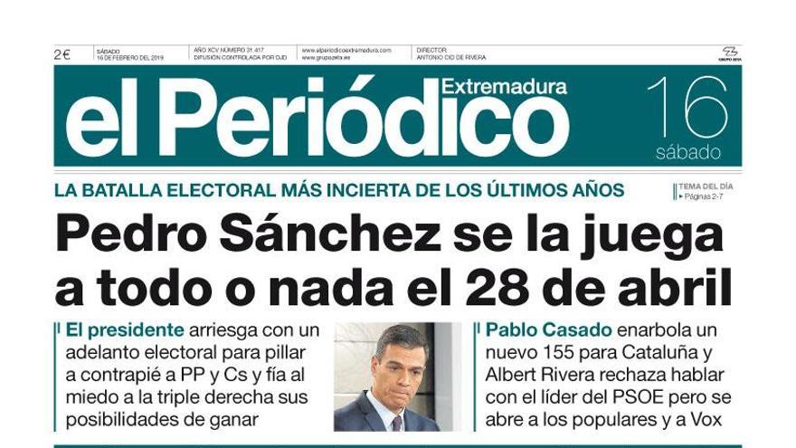 Esta es la portada de EL PERIÓDICO EXTREMADURA correspondiente al día 16 de febrero del 2019