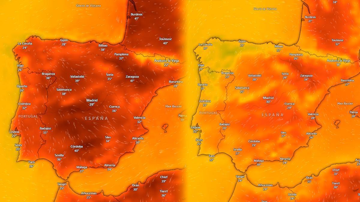 Mapa de calor en España el martes (izda.) y jueves (dcha.) en Windy, basado en el modelo europeo ECMWF.