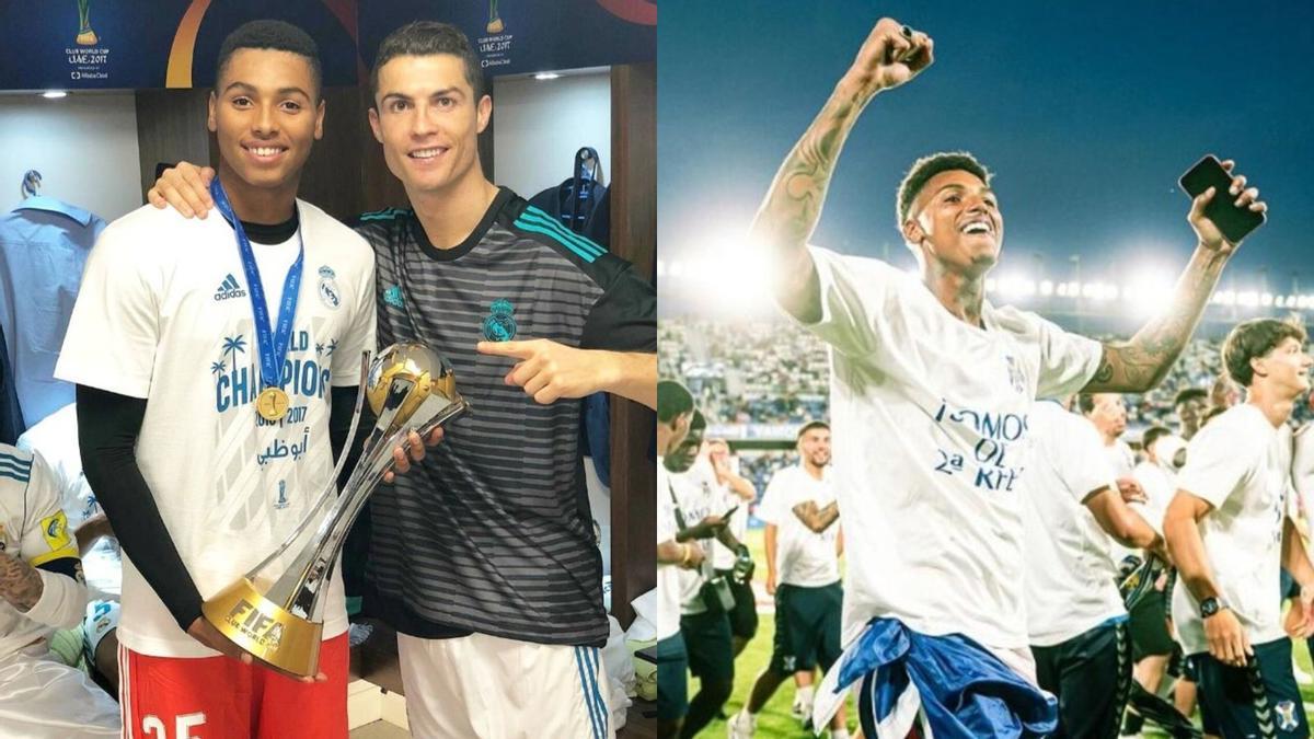 Moha Ramos, durante su estancia en el Real Madrid, en una foto con Cristiano Ronaldo y en la celebración del ascenso del filial del CD Tenerife