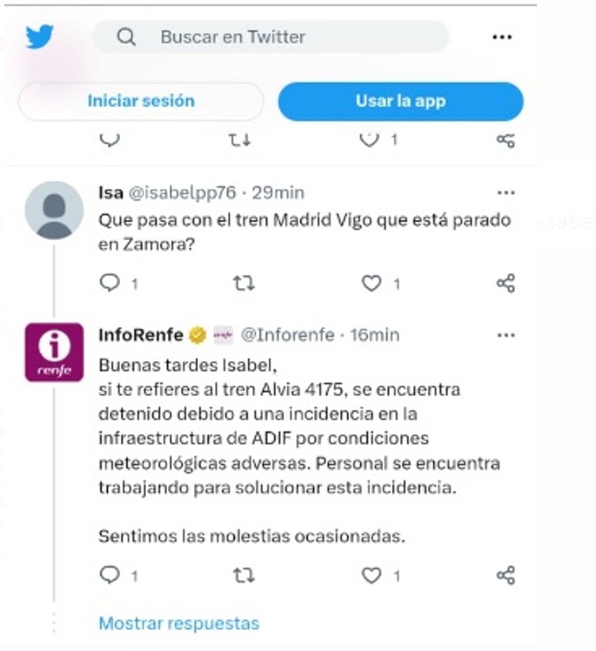 Un mensaje de Twitter en el que Renfe explica la avería a una clienta.