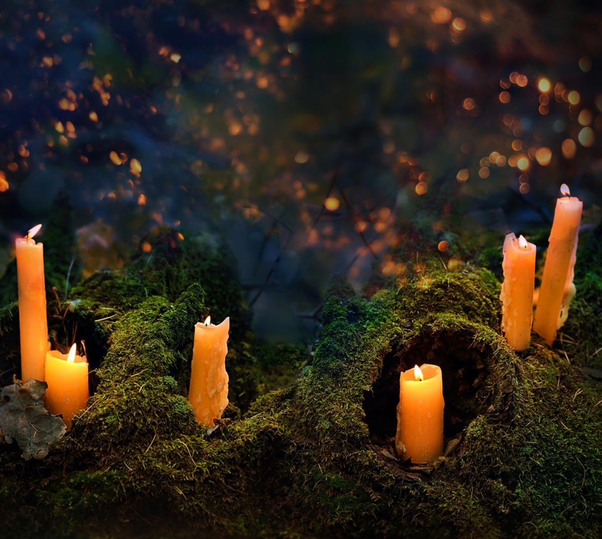 Velas colocadas en el bosque en una celebración moderna del Samhain.