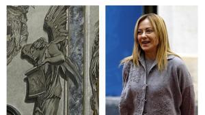 La Basílica de San Lorenzo in Lucina, ubicada en el centro de Roma, se ha convertido en un nuevo foco de atención turística al que visitantes y curiosos se acercaron este lunes para ver el polémico fresco que representa a un ángel (izq) y que tiene el rostro de la primera ministra italiana, Giorgia Meloni (en la imagen, en un acto el pasado día 29 de enero). 