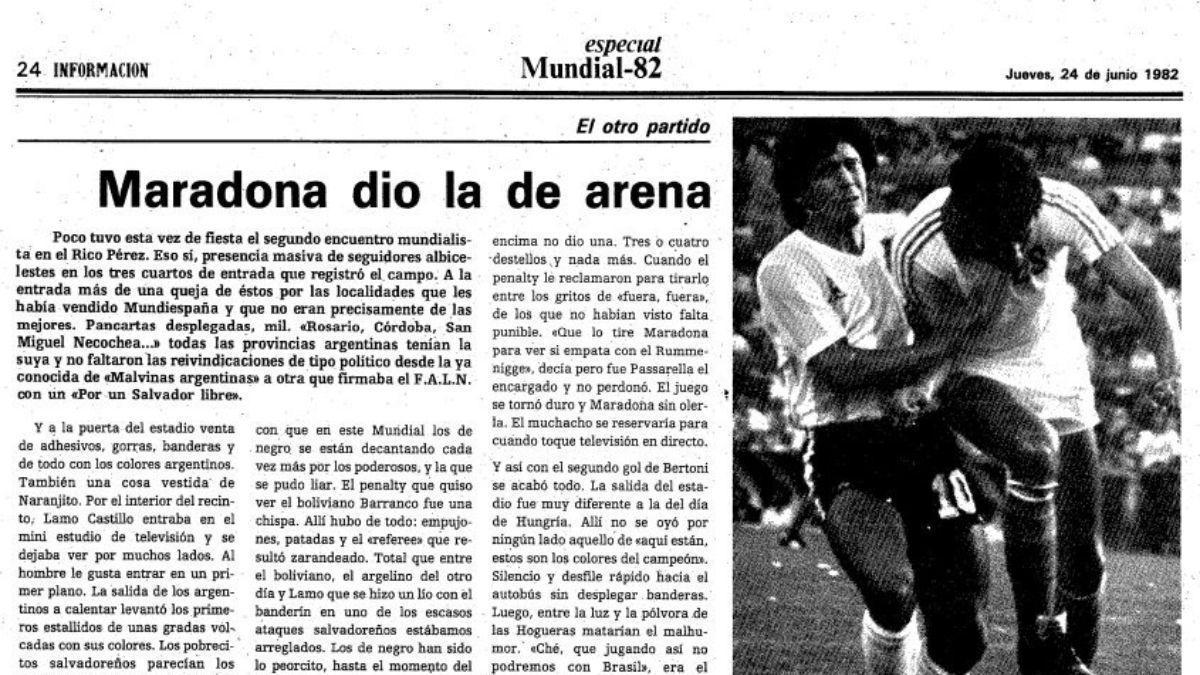 Maradona, durante el Argentina-El Salvador disputado en el estadio José Rico Pérez de Alicante en el Mundial de España 82. La crónica de INFORMACIÓN tituló al día siguiente: “Maradona dio la de arena”.