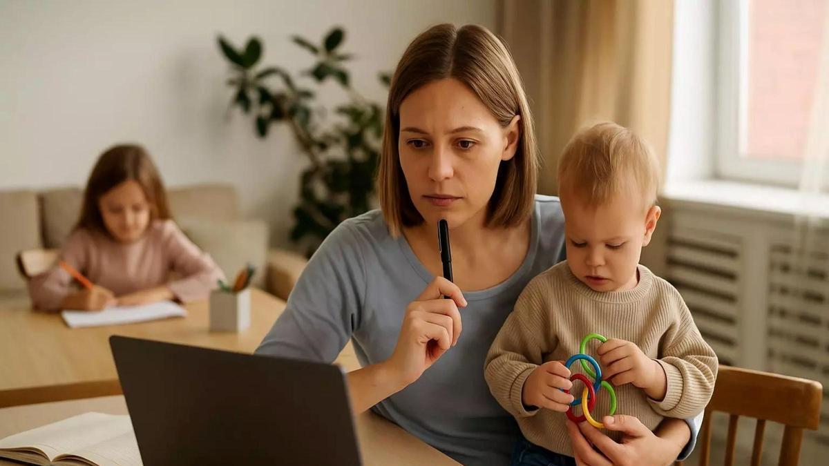Una madre intenta conciliar el trabajo desde casa con el cuidado de sus hijos.