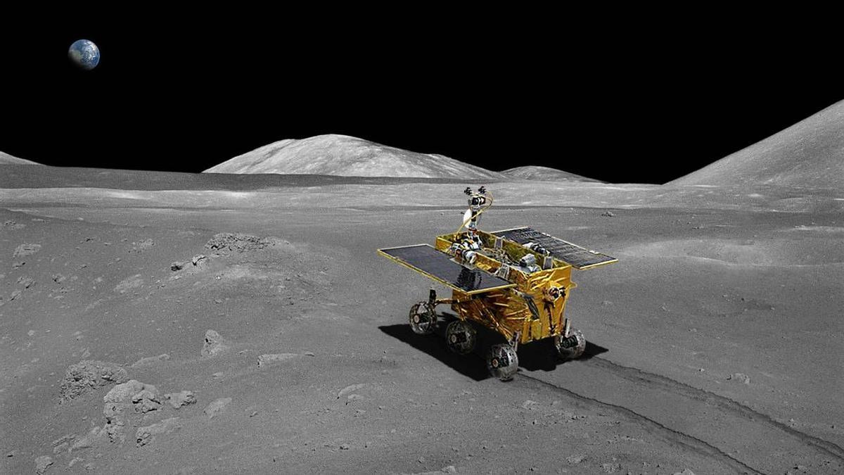 Simulación de un vehículo explorador de la Agencia Espacial China sobre el suelo lunar.
