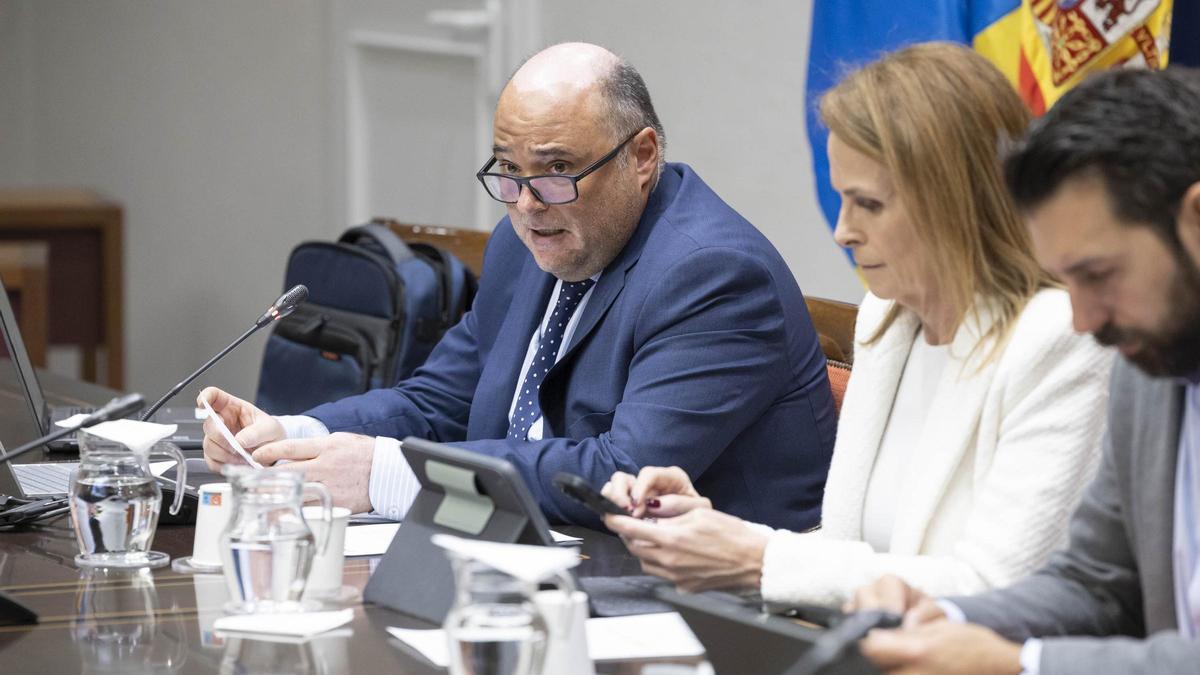 Jorge Escuder, presidente de la patronal industrial canaria, durante su comparecencia en el Parlamento