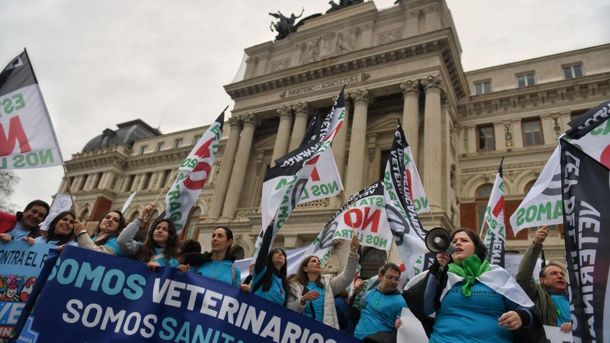Veterinarios se manifiestan frente a la sede del Ministerio.
