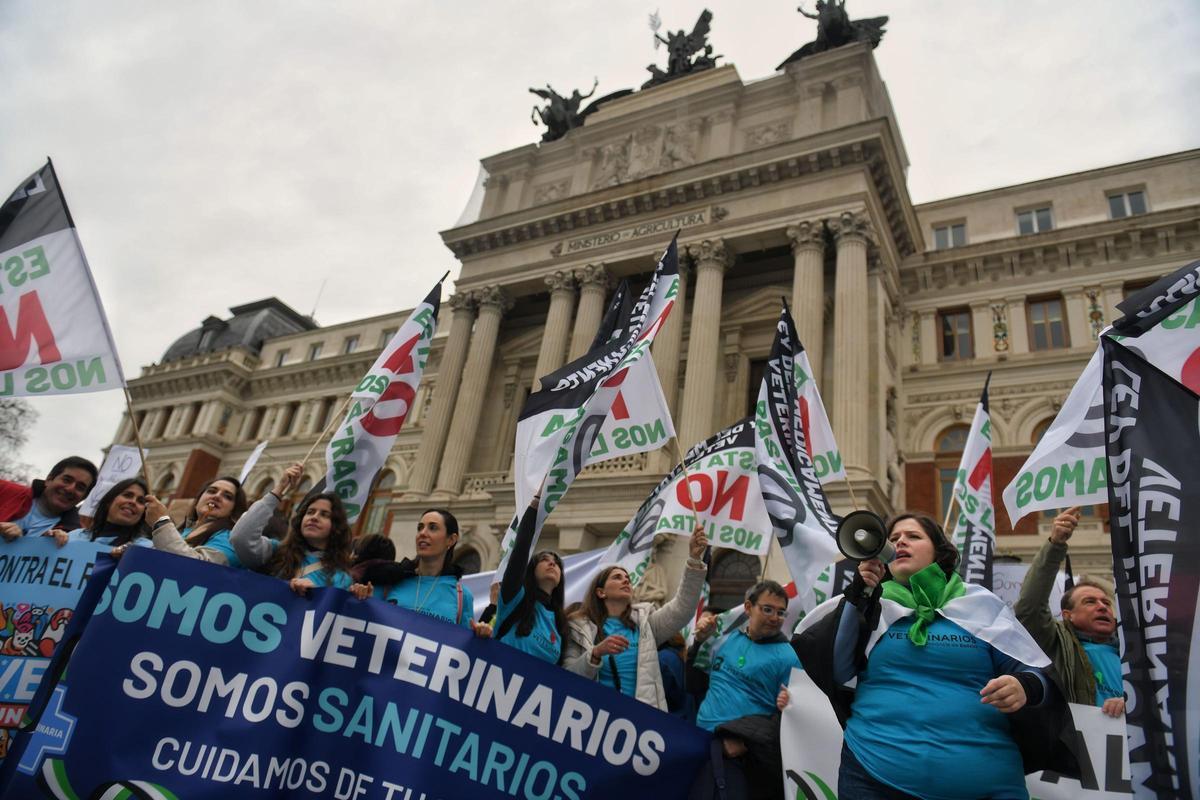 Veterinarios se manifiestan frente a la sede del Ministerio.