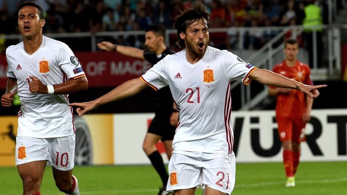 David Silva celebra un gol contra Macedonia.