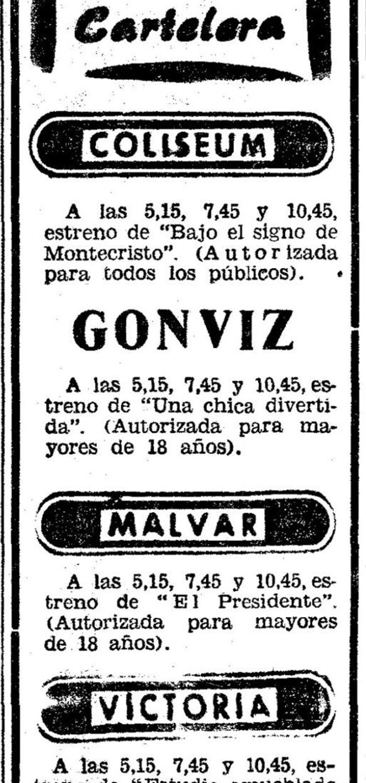 Cartelera de cine publicada en FARO.