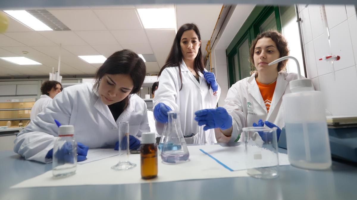 Mujeres desarrollan su actividad investigadora en un laboratorio.