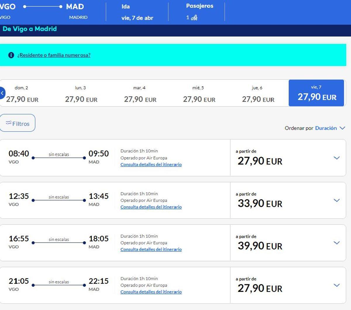 Precios de Air Europa para viajar entre Vigo y Madrid durante la Semana Santa